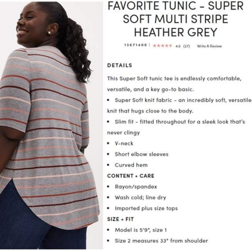 TORRID FAVORITE TUNIC - SUPER SOFT MULTI STRIPE